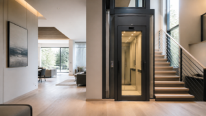 Compact home elevator beside a staircase in a modern two-story interior