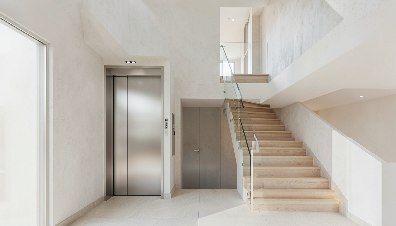 Compact residential elevator entrance beside a light wood staircase in a modern home