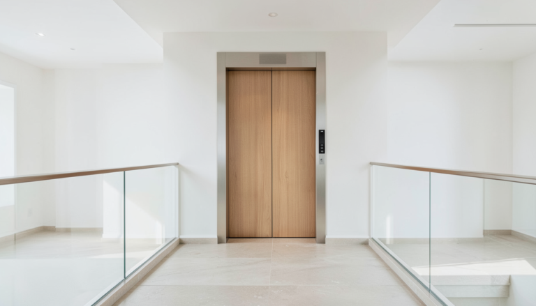 Contemporary home elevator with warm wood doors and brushed metal trim