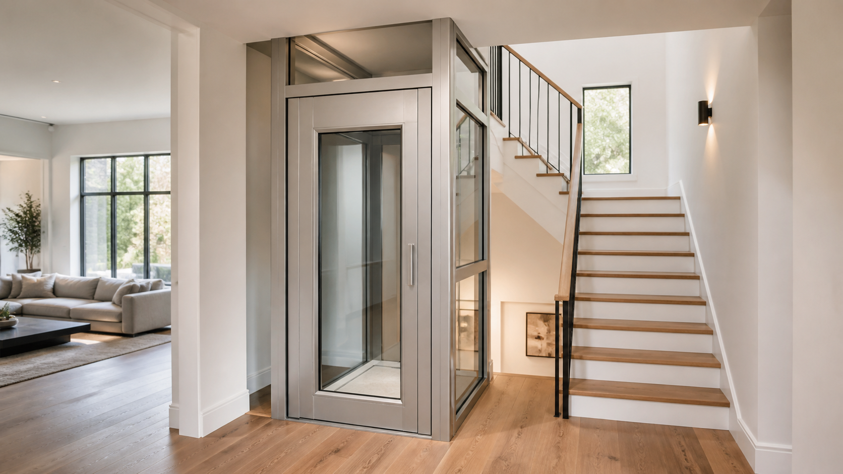 Compact residential elevator integrated beside a staircase in a bright existing home