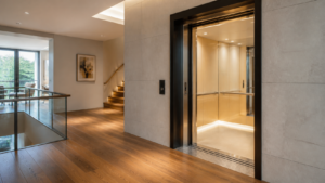 Open residential elevator doorway with clear circulation space in a modern home