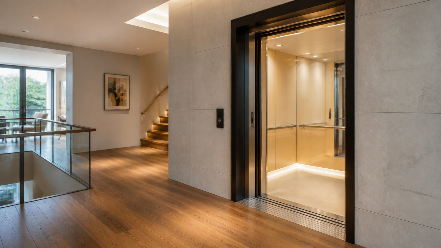 Open residential elevator doorway with clear circulation space in a modern home