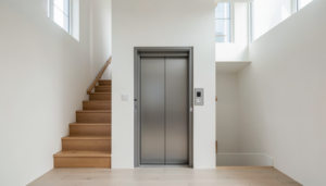 Contemporary home elevator entrance with neatly planned electrical service area