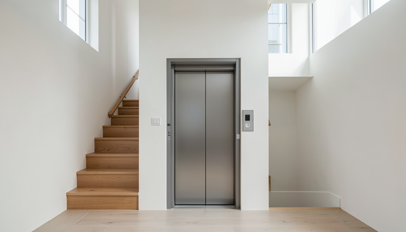 Contemporary home elevator entrance with neatly planned electrical service area