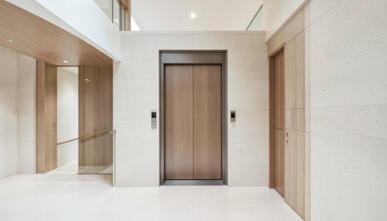 Home elevator safety features at a bright residential landing with closed doors