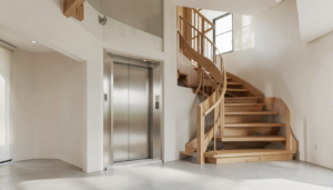Contemporary home lift entrance prepared beside an oak staircase