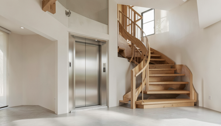 Contemporary home lift entrance prepared beside an oak staircase