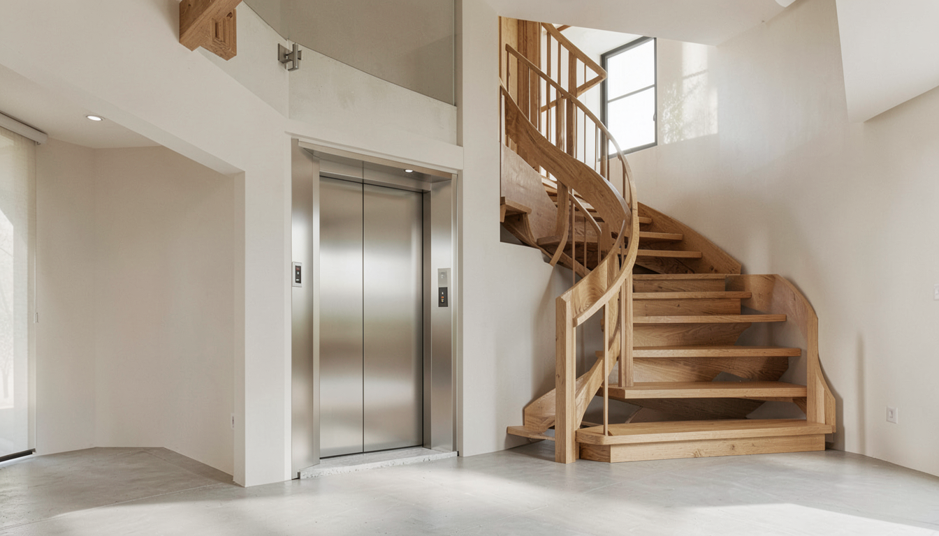 Contemporary home lift entrance prepared beside an oak staircase