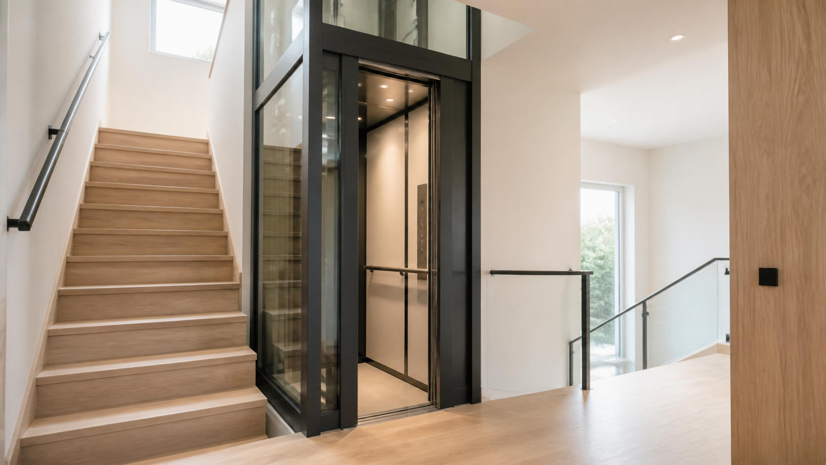 Modern residential elevator shaft with a glass enclosure beside a timber staircase