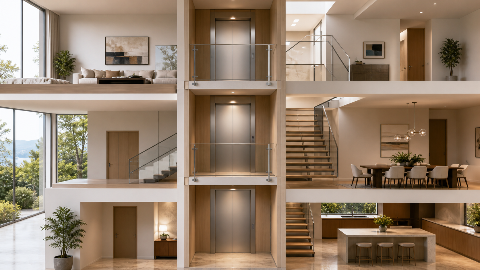 Three-stop residential elevator connecting three bright levels of a contemporary private home
