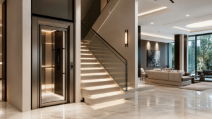 Residential elevator beside an illuminated staircase in a contemporary villa interior