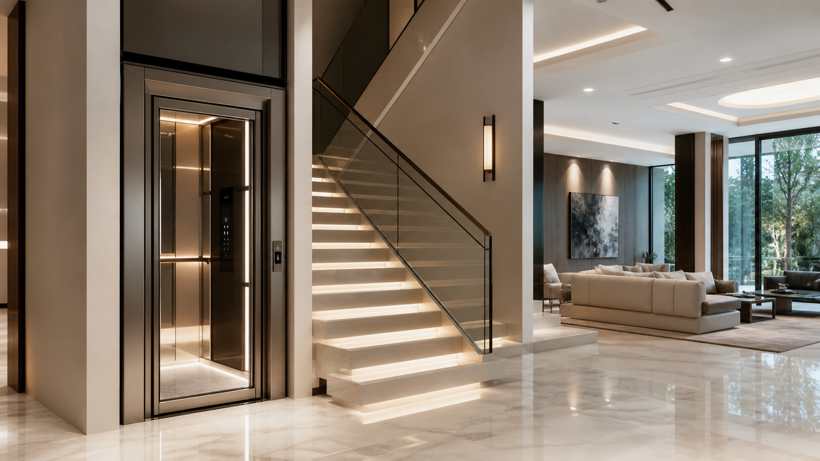 Residential elevator beside an illuminated staircase in a contemporary villa interior