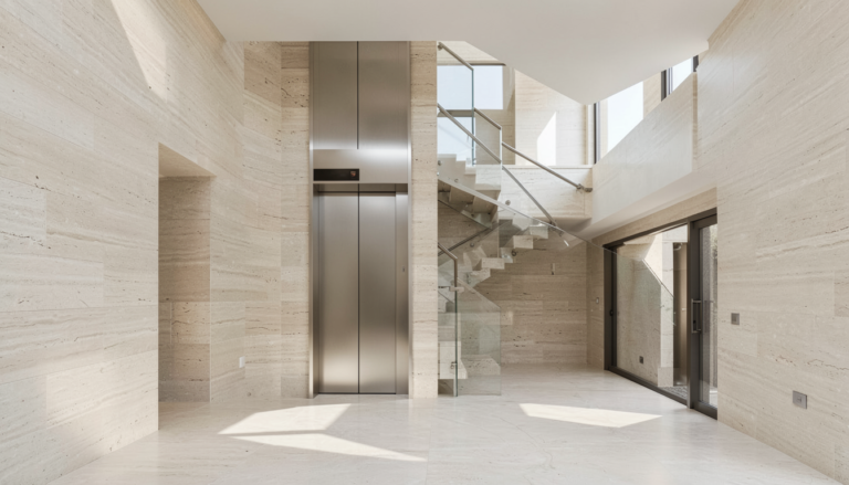 Contemporary villa interior with a residential elevator shaft beside an open staircase