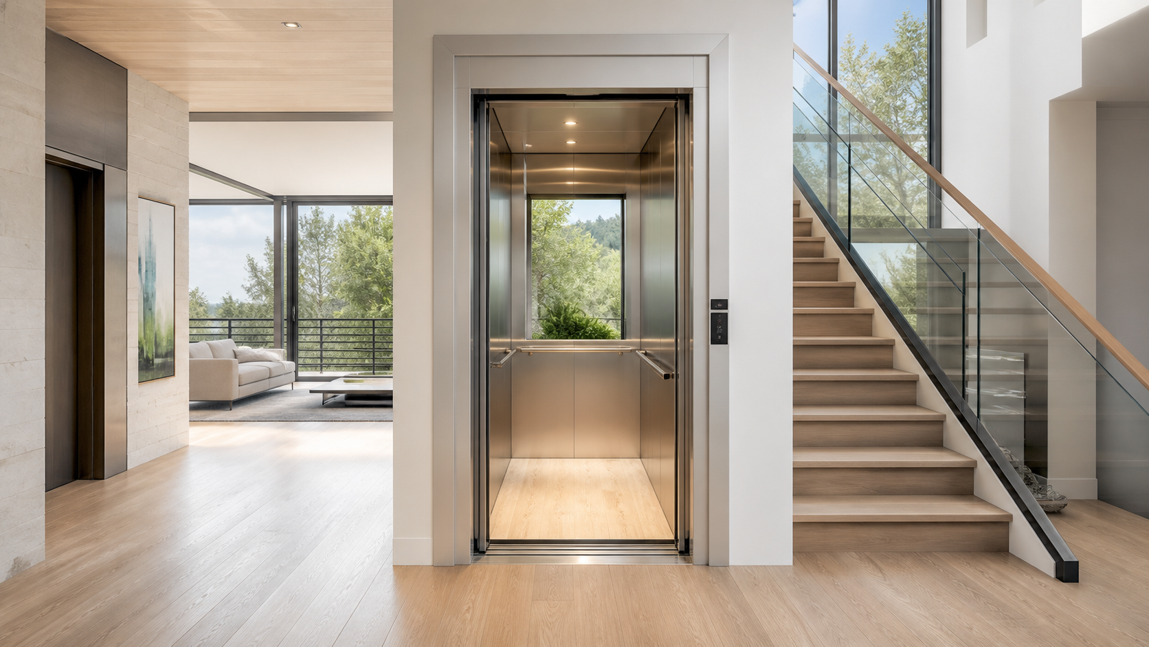 Open residential elevator with a clear landing approach beside a staircase in a modern home