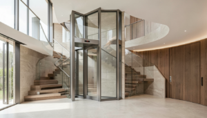 Aluminum alloy framed residential elevator shaft in a contemporary villa foyer