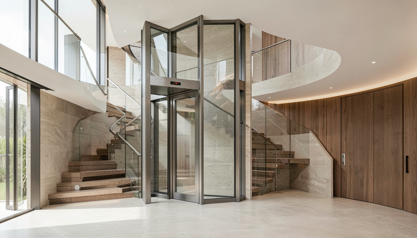 Aluminum alloy framed residential elevator shaft in a contemporary villa foyer