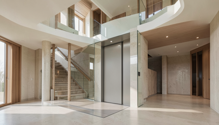 Home elevator pit and overhead planning view of a residential elevator beside an open staircase