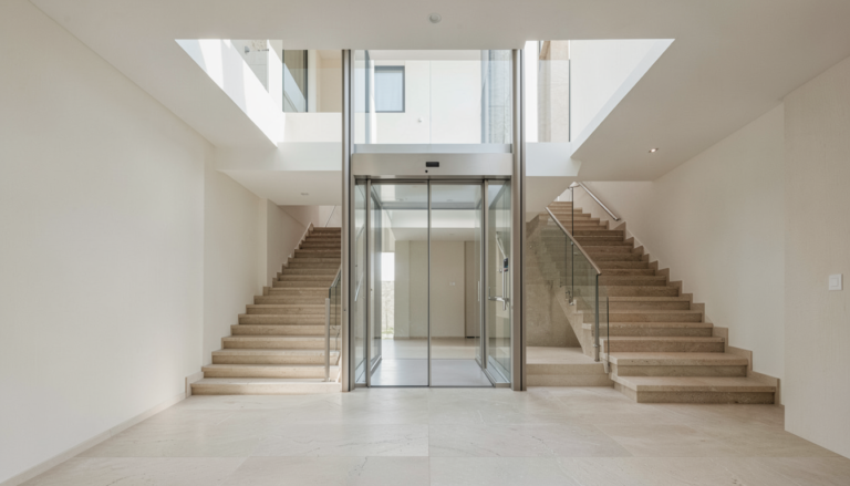 Panoramic glass home elevator beside an open staircase in a contemporary villa interior