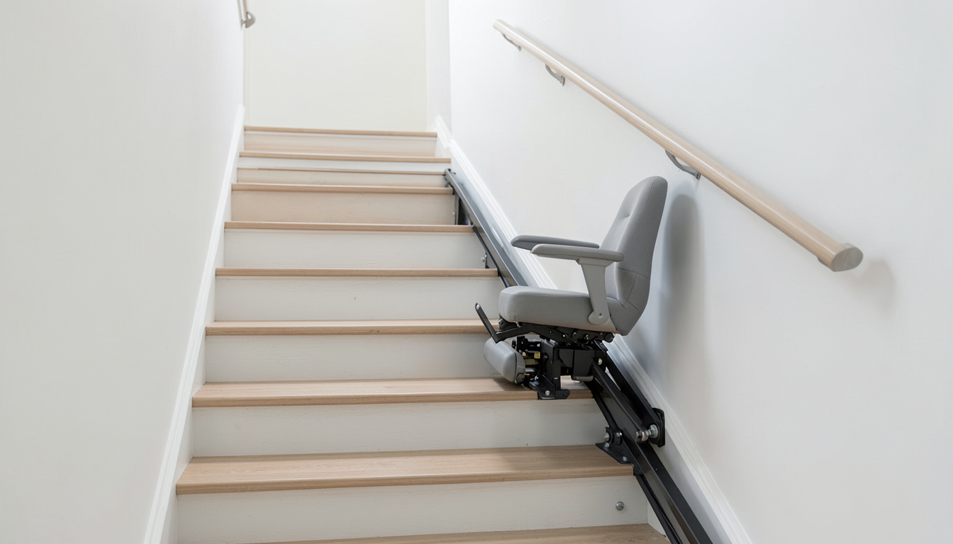 AI-generated conceptual illustration of a rail-mounted stairlift chair on a straight indoor staircase.